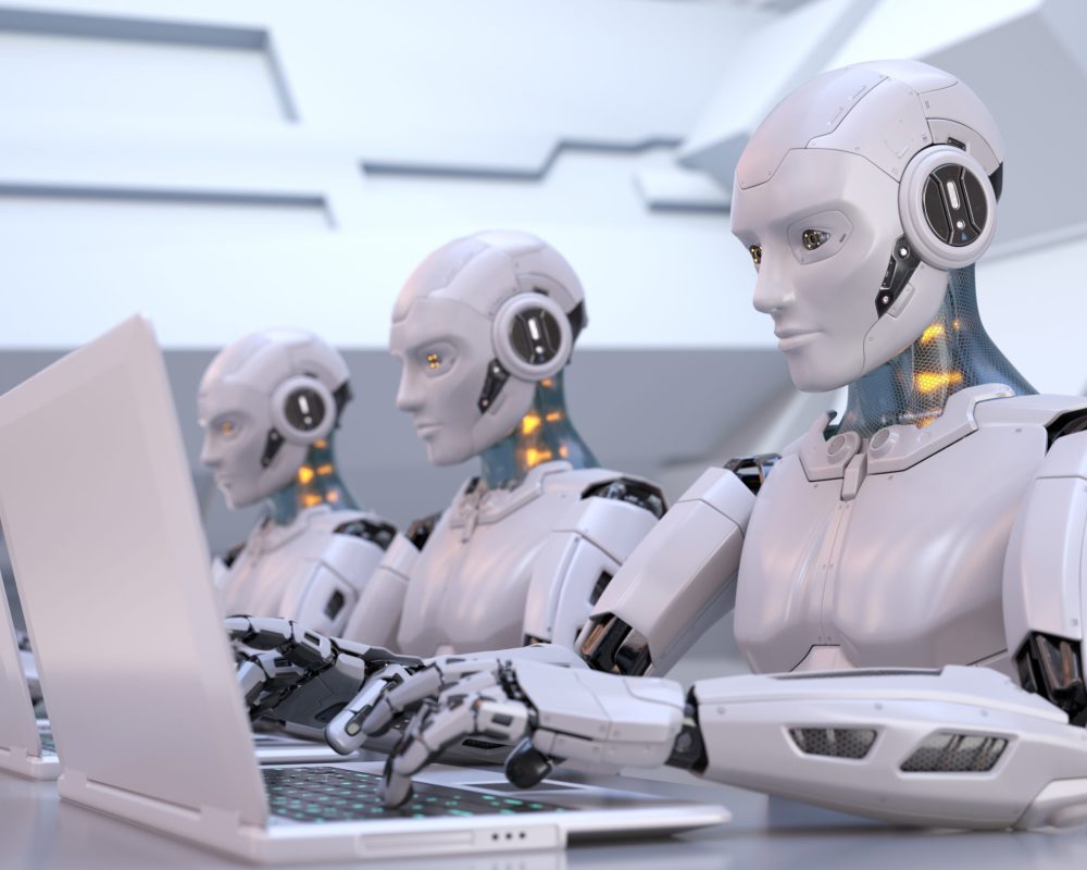 Robots working with laptop. 3D illustration